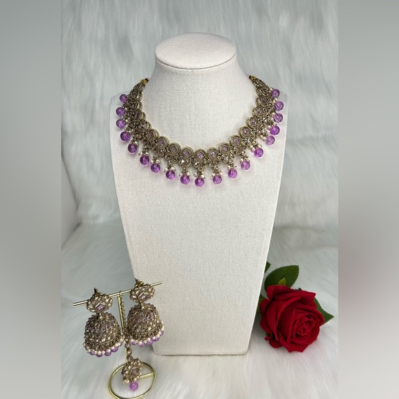 Beautiful Lavender Gold Polki Necklace With Jhumka & Tikka Set - Picture 5 of 10